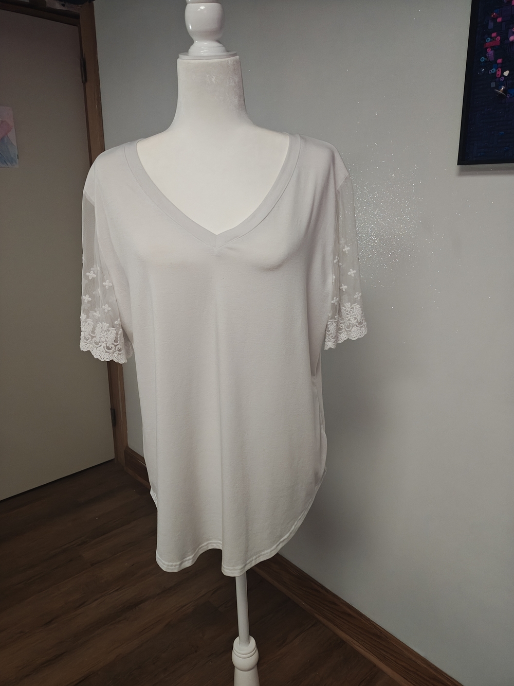 Women’s White V-Neck Tee with Lace Short Sleeves